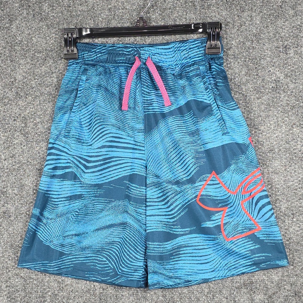 Under Armour YOUTH Boys Medium Blue Graphic HeatGear Athletic Shorts Teal